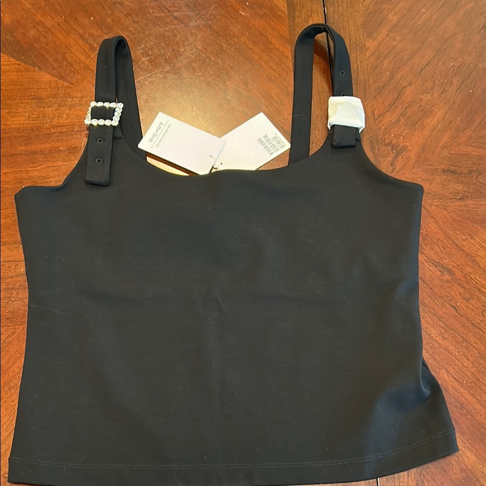 & Other Stories Black Sleeveless Fitted Crop Top with Rhinestone Buckle Detail